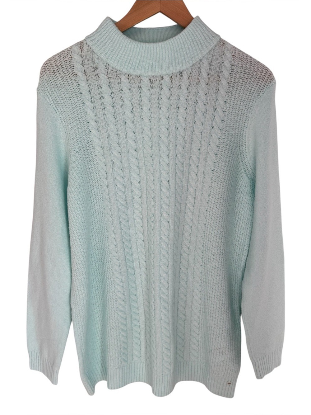 SOFT Olsen Henny Cotton Blend Mock Neck Sweater Sz 12 Light Turquoise Cable Knit